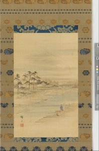 Říční krajina: sklady dřeva a vory, polovina 19. století. od Utagawa Hiroshige II