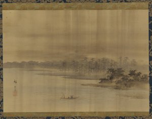Říční krajina a chrám v dešti, období Edo, 19. století. od Utagawa Hiroshige II
