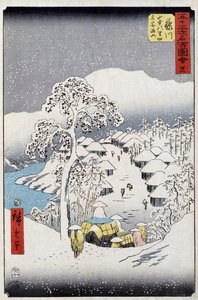 Postavy pod sněhem, Japonsko - japonský tisk Hiroshige Utagawa - 19. století