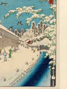 Atagoshita a Yabu Lane (Atagoshita Yabukôji), před rokem 1858 (barevný tisk z dřevěných bloků, se slídovými vločkami a potiskem tkanin) od Utagawa I Hiroshige
