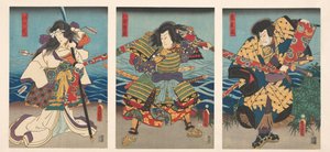 Tři kabuki herci táhnoucí červený prapor od Utagawa Kunisada (I)