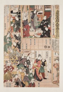V zákulisí zahájení sezóny divadla Morita (Morita-za kaomise gakuya no zu, sanmai tsuzuki) (barevný dřevotisk) od Utagawa Kunisada
