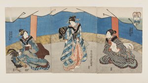 Krásky během kohoutího zápasu (Bijin Toriaiu) (barevný dřevořez) od Utagawa Kunisada