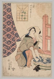 Sedící žena praní prádla v dřevěné vaně od Utagawa Kunisada
