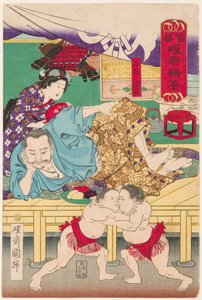 Boj dvou dětí sumo před Tachibana Muneshige (1567-1642). Tisk Kuniteru, Utagawa (1808-1876)