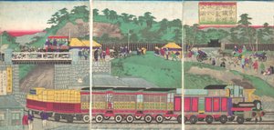 Ilustrace parní lokomotivy běžící na železnici Takanawa v Tokiu Tokyo ta..., ca. 1873.