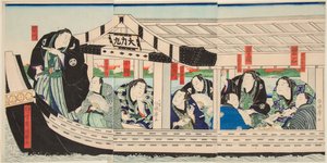 Sumo zápasník Dairiki Maru na lodi s přáteli. Tisk Utagawa Kuniteru (1808-1876)