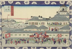 Vchod do hotelu Tsukiji Teppozu (název na objektu) Dvanáct pohledů na Tokio (název série) Tokyo Jun Kei (název série na objektu) od Utagawa Kuniteru II