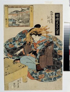 Egawa z domu Maruebiya (Seriál o kurtizánách ztělesňujících 8 pohledů na Japonsko). Egawa z domu Maruebiya (ze série Kurtizány zosobňující Osm pohledů na Japonsko). Tisk Utagawa Yasugoro Kuniyasu (1794-1832), kolem roku 1820. Ukiy