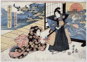 Japonsko, druhé dějství Chushingura, příběh 47 roninů (nebo 47 samurajů): Rikiya s mečem a vějířem stojí vedle Konamiho, který klečí na zemi a nabízí mu šálek čaje, rytina Utagawa Kuniyasu od Utagawa Kuniyasu
