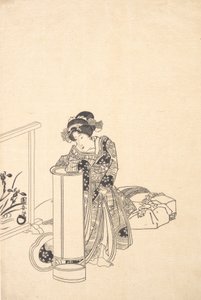 Mladá žena naklánějící se nad vysokou lampou. od Utagawa Kuniyasu