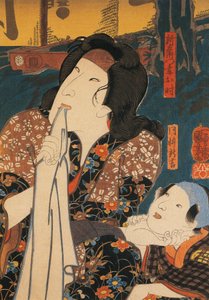Herec v zamyšlené póze vedle dítěte, Utagawa Kuniyoshi, dřevoryt od Utagawa Kuniyoshi