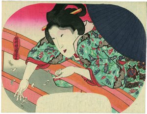 Kráska vhazuje do řeky Sumidy modlitební lístky k bódhisattvovi Džizó, aby uklidnila duchy utopených od Utagawa Kuniyoshi
