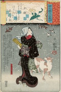 Bijin se psem ve sněhu ze série Genji mitate od Utagawa Kuniyoshi