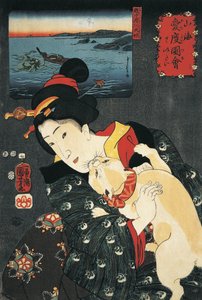 Detail mladé ženy s kočkou v náručí od Utagawa Kuniyoshi