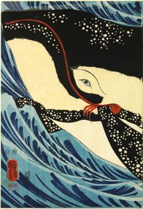 Barevný dřevotiskový triptych zobrazující velkého šermíře Miyamota Musashiho útočícího na obří velrybu u pobřeží provincie Hizen: Japonsko, Edo, Utagawa Kuniyoshi od Utagawa Kuniyoshi