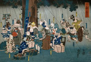 Comic Animals Taking Shelter from Rain (Dōke kemono no amayadori), c.1842 od Utagawa Kuniyoshi