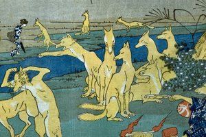 Komiksové lišky praktikující změnu tvaru (Dōke kitsume henge no keiko), kolem roku 1842 od Utagawa Kuniyoshi