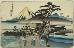 Hara, Yoshiwara a Kanbara, ze série „Slavná místa na padesáti třech stanicích Tokaida, tři stanice (Tokaido gojusan eki sanshuku meisho)“ od Utagawa Kuniyoshi