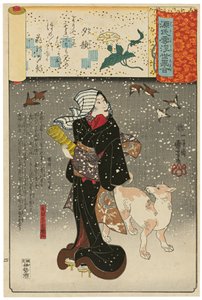 „Dáma večerních tváří“ (Yūgao): Orie, Yazamova manželka (Yazama-shi no shitsu Orie), ze série Výjevy mezi oblaky Genji spojené s obrazy ukiyo-e (Genji-gumo ukiyo e-awase) od Utagawa Kuniyoshi