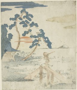Muž přes most, když slunce vychází, z nepojmenovaného vydání (bez poezie) ilustrací k sérii „Pět výtisků hory Fuji (Fuji goban no uchi)“ od Utagawa Kuniyoshi