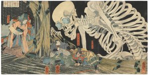 Mitsukuni vzdoruje přízraku kostlivce, který vyvolala princezna Takiyasha od Utagawa Kuniyoshi