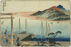 Miya, Kuwana, Yokkaichi a Ishiyakushi, ze série „Slavná místa na padesáti třech stanicích Tokaida, čtyři stanice (Tokaido gojusan eki yonshuku meisho)“ od Utagawa Kuniyoshi