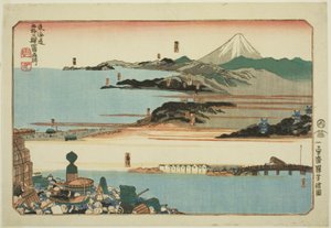 Nihonbashi, Shinagawa, Kawasaki a Kanagawa, ze série „Slavná místa na padesáti třech stanicích Tokaida, čtyři stanice (Tokaido gojusan eki yonshuku meisho)“ od Utagawa Kuniyoshi