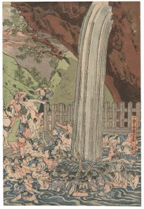 Poutníci u vodopádu Roben v Oyamě, podepsáno Ichiyusai Kuniyoshi, vydalo nakladatelství Azumaya Daisuke, pečeť kiwame, triptych Oban tate-e (barevný dřevotisk) od Utagawa Kuniyoshi