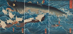 Postava, která zachraňuje Tametomo prostřednictvím členů Sanuki, 1851. od Utagawa Kuniyoshi
