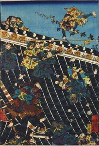 List z barevného dřevořezného triptychu s názvem Hōryukaku shō no zu zobrazující scénu z Hakkenden z Takizawa Bakin zobrazující boj na střeše chrámu mezi Inuzukou Shino (vpravo) a policií pod vedením Inukai Kempachi, adaptovaný z triptyku od Utagawa Kuniyoshi