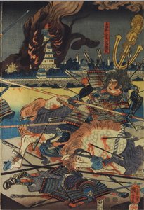 List z barevného dřevotiskového triptychu s názvem Shinshū Odai kassen no zu (Bitva o Odai v provincii Shinano), zobrazující Odai Akarokurō Yorisada kopí tři muže, zatímco jeho hrad hoří v pozadí: Japonsko, Edo, Utagawa Kuniyoshi od Utagawa Kuniyoshi