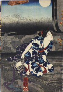 List z barevného dřevořezového triptychu s názvem Imayo Teru-uji furudera no kozu (Aktuální Teruuji na starém obrázku ve starém chrámu), zobrazující scénu ve zničeném chrámu za měsíčního svitu s roztrhanými a odlupujícími se fusuma, s Teru- uji nabízí ručn od Utagawa Kuniyoshi