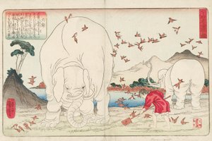 Taishun okopává pole s pomocí slonů a hejna vrabců, sign. Ichiyusai Kuniyoshi ga, kolem 1843 (barevný dřevotisk) od Utagawa Kuniyoshi