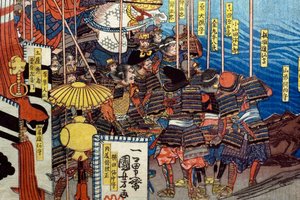 Takeda Shingen Chrushes the Forces of Suwa Yorishige (Takeda Shingen Suwa Yorishige no jinchū o uchi-kuzusu zu), c.1850-51 od Utagawa Kuniyoshi