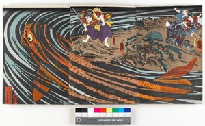 Triptych, zobrazující Oniwaka-maru (budoucího Musashibo Benkei), který se chystá zaútočit na obřího kapra, který pohltil jeho matku, kolem roku 1845 (barevný dřevořez) od Utagawa Kuniyoshi
