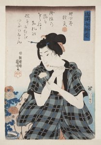 Psaní štítku pro chryzantémy (barevný dřevořez) od Utagawa Kuniyoshi