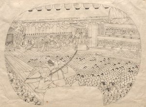 Návrh pro vějířovitý tisk divadla Kabuki od Utagawa Sadahide