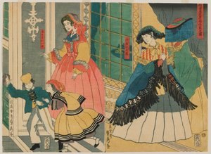 Obrázek rezidence zahraničního obchodníka ze zámoří: Portugalsko a Jižní Amerika, období Edo, 1861 (barevný dřevotisk)