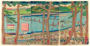 P Rotující zvuk Minamoto no Yoritomo přes odpaliště Rive r od Utagawa Sadahide