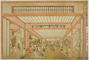 Pohledy na přijímací místnosti v Japonsku – Zábava na Den krysy v moderním stylu (Uki-e wakoku keiseki ozashiki imayo ne no hi no asobi no zu)