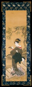 Celovečerní portrét ženy ladící svůj šamisen na verandě (sumi, gofun a barva na hedvábí); od Utagawa Toyokuni