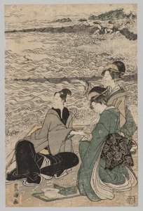 Muž a dvě ženy na mořském pobřeží, 1769-1825. od Utagawa Toyokuni