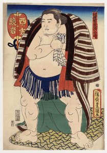 "" Portrét zápasníka sumo Kagamiiwa ze západního pobřeží "" (Zápasník sumo Kagamiiwa z West Side) Hlubotisk Utagawy Toyokuni (1769-1825) verš 1847 Soukromá sbírka od Utagawa Toyokuni
