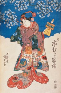 Žena v kimonu s loutkou a pozadím zdobeným jabloňovými květy, Utagawa Toyokuni, dřevoryt od Utagawa Toyokuni
