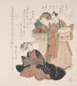 Herec Nakamura Utaemon se dvěma ženami připravujícími se na novoroční obřad, 19. století. od Utagawa Toyokuni I