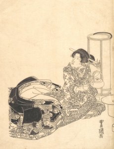 Kurtizána nebo herec jako kurtizána nalévající čaj při světle lucerny. od Utagawa Toyokuni I