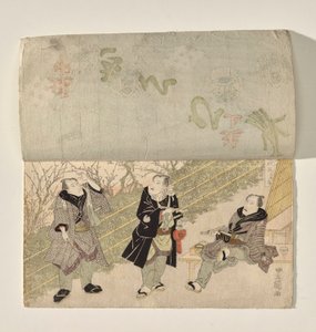 Kabuki scéna se zvednutím opony, která odhalí tři herce Kabuki od Utagawa Toyokuni I