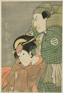 Herci Kataoka Nizaemon VII jako Iyo no Taro a Iwai Hanshiro IV jako Kojoro-gitsune z Okazaki ve hře „Seiwa Nidai Oyose Genji“, která byla uvedena v divadle Miyako v jedenáctém měsíci, 1796 od Utagawa Toyokuni I