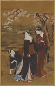 Tři ženy pod rozkvetlou třešní na pobřeží, 1769-1825. od Utagawa Toyokuni I